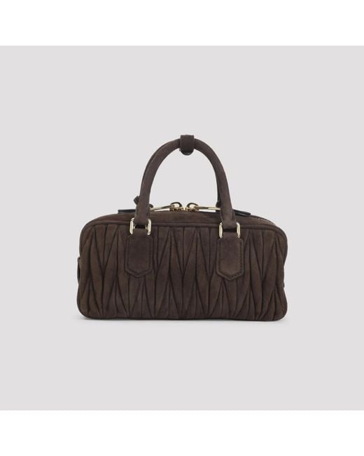 Miu Miu Bruine Leren Handtas Met Goudkleurig Logo in het Black