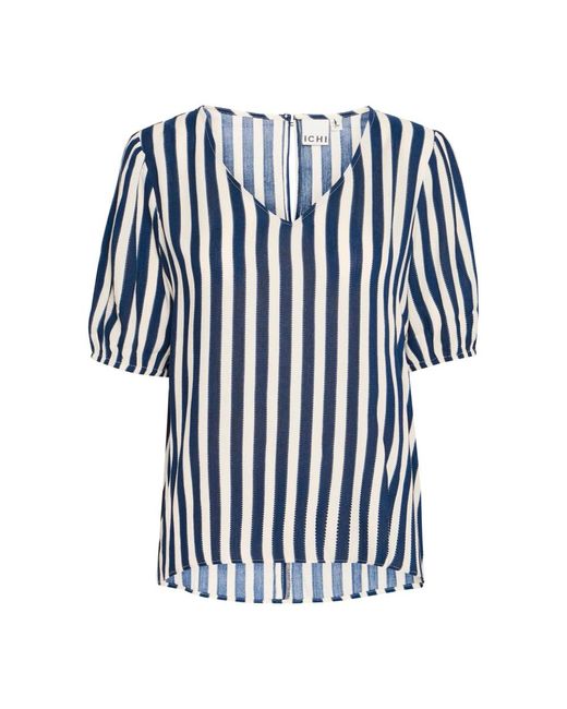 Ichi Blue Gestreifte Bluse Mit Kurzen Ärmeln