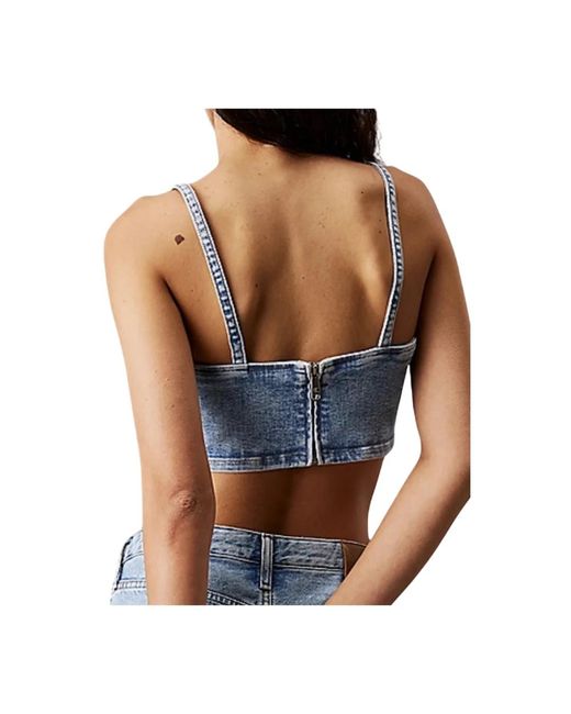 Calvin Klein Blue Denim Crop Top Mit Reißverschlussdetail