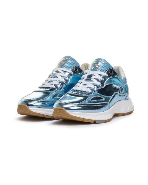 van Bommel Schoenen ,Blauw ,Leer Sportieve Lichtblauwe Metallic Sneakers in het Blue