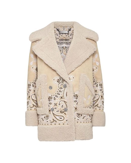 Philipp Plein Jassen ,Polyester Shearling Oversize Lange Jas Paisley Bandana in het Natural