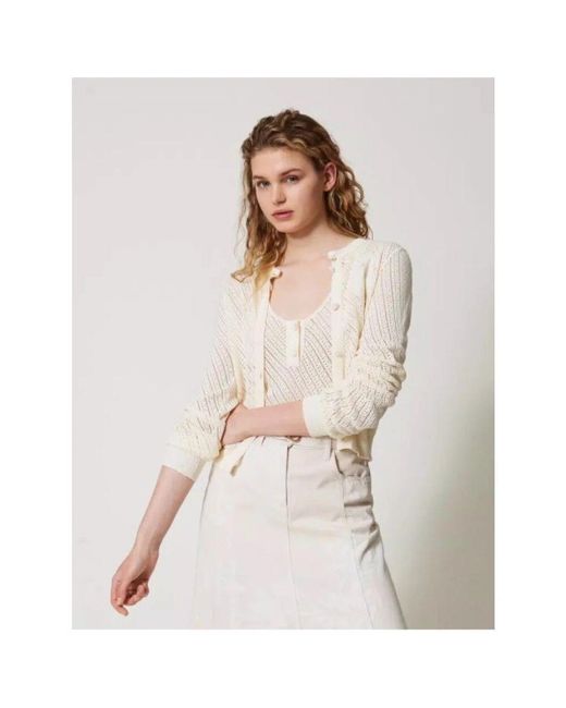Twinset White Diagonaler Strick-Cardigan Mit Häkelknöpfen