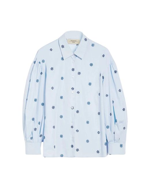 Camicia in cotone con maniche a sbuffo e ricami di Weekend by Maxmara in Blue