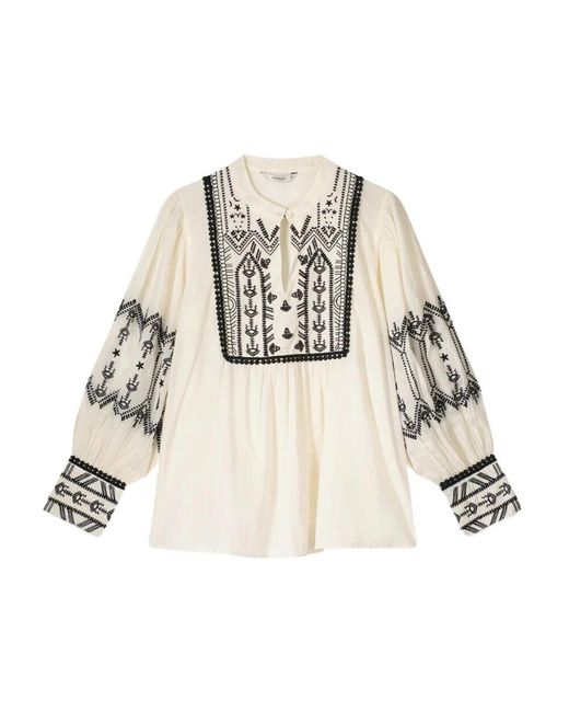 Summum Natural Off- Bluse Mit Schwarzem Print