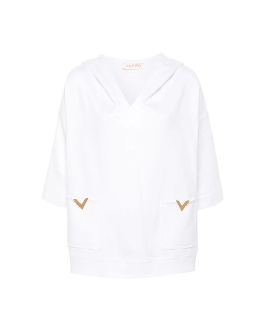 Valentino Garavani White Weiße pullover kapuze v-ausschnitt stil