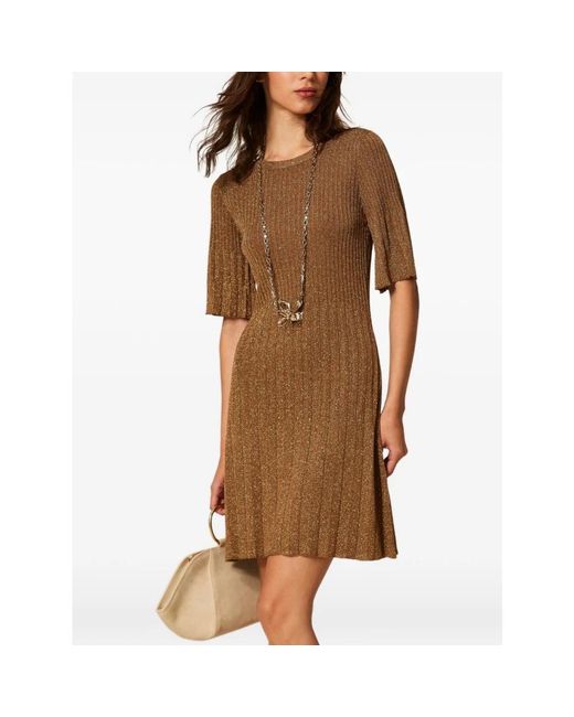 Twinset Kleedjes ,Bruin ,Lurex Gebreide Ribjurk in het Brown