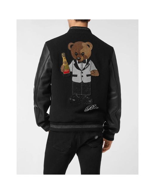 Philipp Plein Jassen ,Zwart ,Wol Leren Bomber Teddy in het Black voor heren