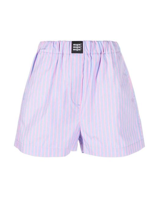 Shorts in cotone a righe verticali con logo di MSGM in Purple