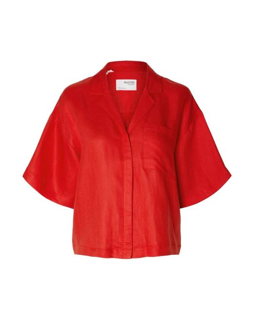 Boxy revers camisa de lino - flame scarlet SELECTED de color Red