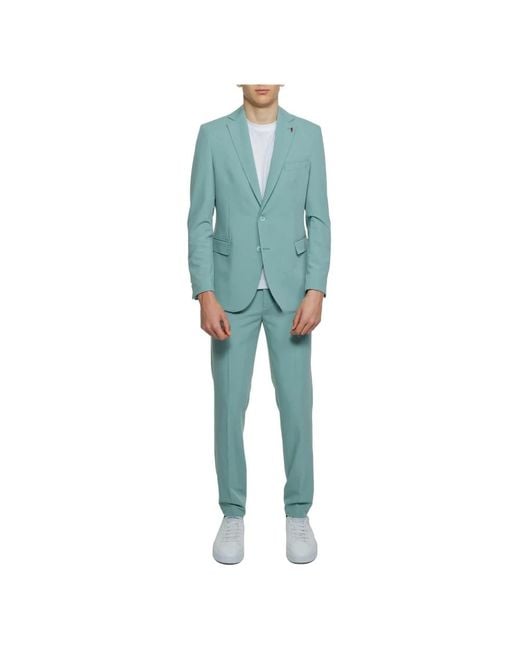MULISH Blue Single Breasted Suits for men