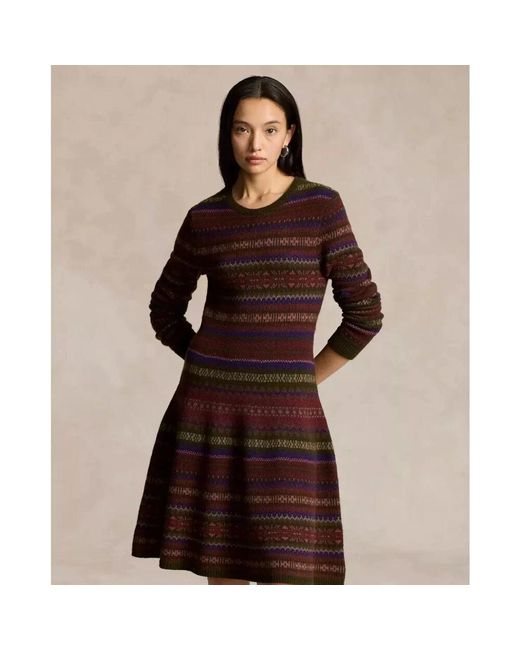 Ralph Lauren Brown Ausgestelltes strickkleid in mustern