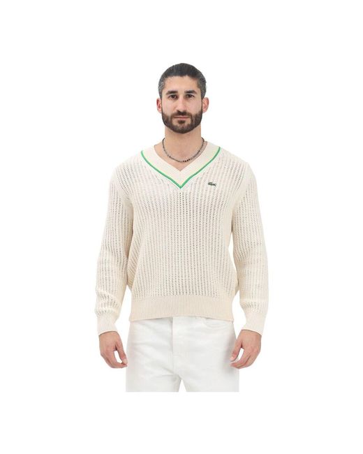 Lacoste Cremefarbener V-Ausschnitt Pullover Sommerkollektion in White für Herren