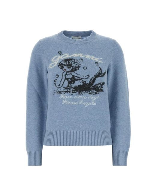 Ganni Blue Round-Neck Knitwear
