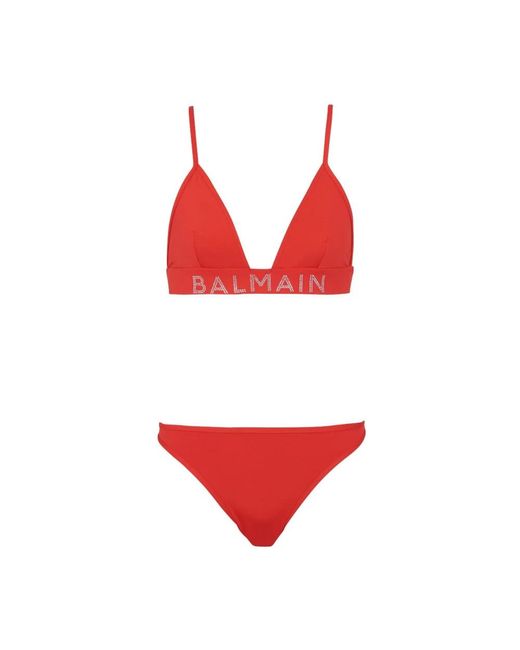 Balmain Red Rhinestone Triangle Bikini
