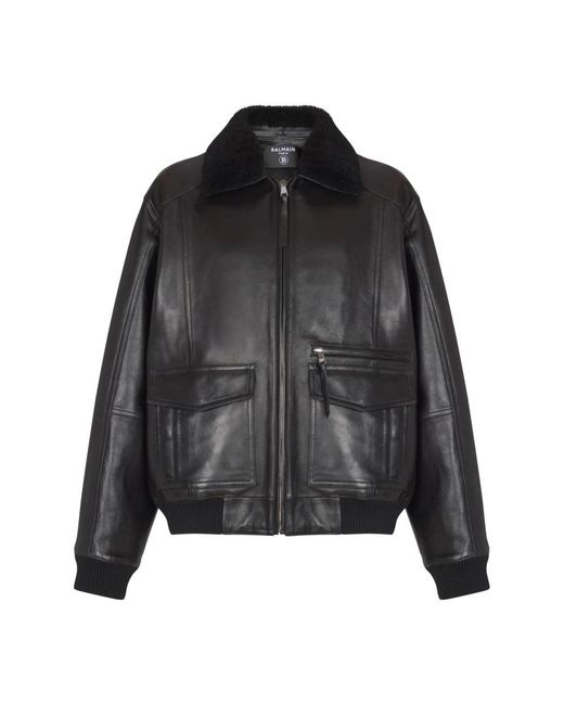 Balmain Jassen ,Zwart ,Leer Lamsleren Aviator Bomberjack in het Black voor heren