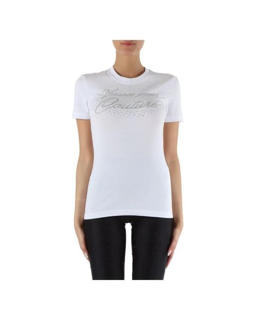 T-shirt in cotone stretch con logo in strass di Versace in White