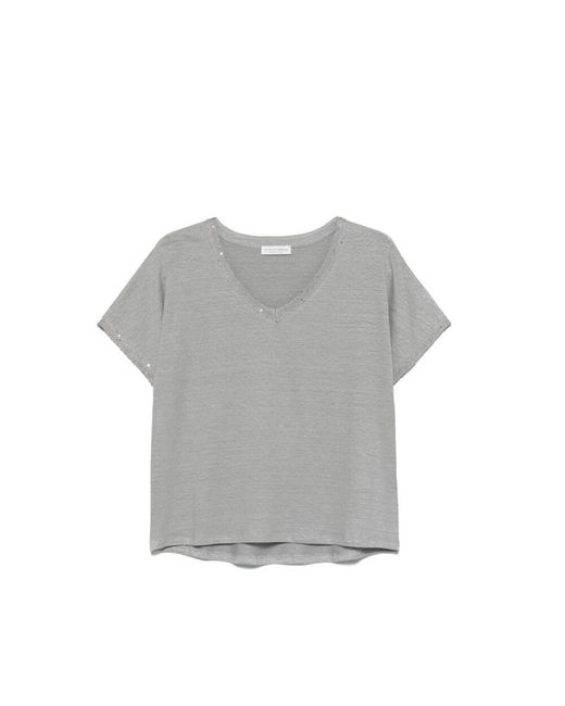 Le Tricot Perugia Gray Graues T-Shirt Mit Pailletten V-Ausschnitt