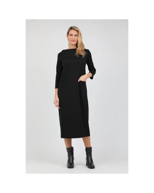 Alpha Studio Black Langes bootneck-kleid mit dreiviertelärmeln