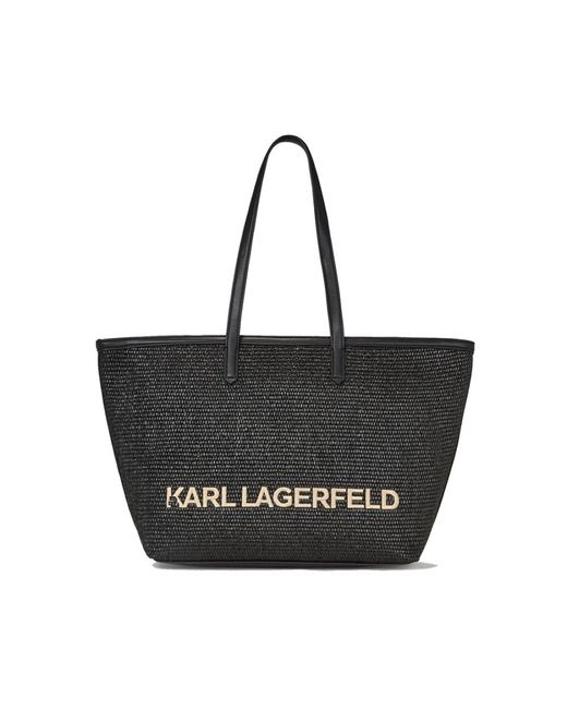Karl Lagerfeld Black Raffia tote tasche mit besticktem logo