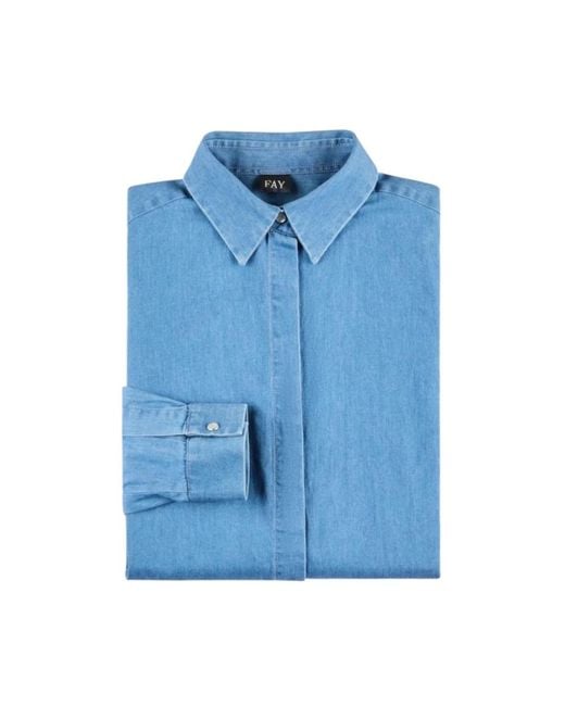 Fay Overhemden ,Blauw ,Denim Denim Overhemd Met Italiaanse Kraag in het Blue