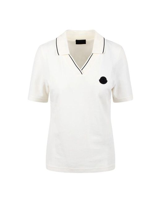 Moncler White Polo-shirt mit logo-patch und gestreiftem besatz