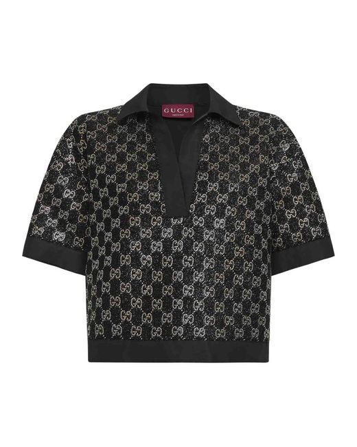 Gucci Tops ,Zwart ,Katoen Gg Crystal Chenille T-Shirt in het Black
