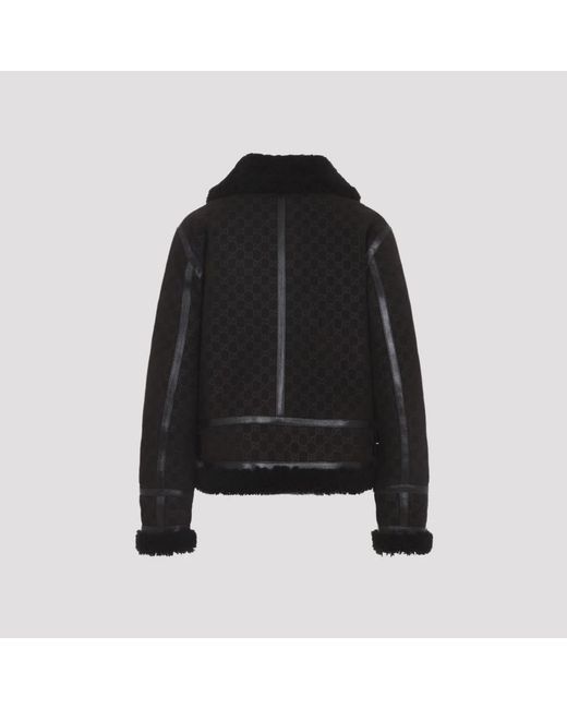 Gucci Printed Suede Shearling Jacket in het Black