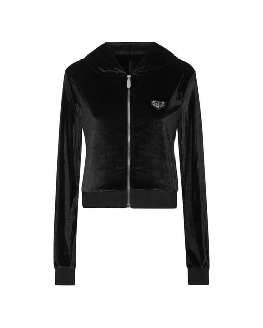 Philipp Plein Hoodies & Sweatvesten ,Zwart ,Polyester Chenille Hoodie Sweatjacket Strass Skull in het Black