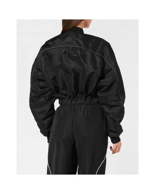 Philipp Plein Fitness ,Zwart ,Polyester Cropped Bomber Jacket Ls With Cargo Pockets in het Black