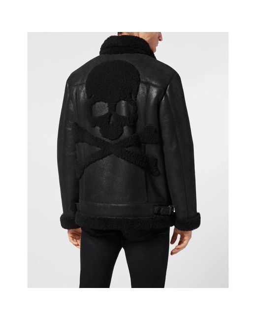 Philipp Plein Shearling Leren Bikerjack in het Black voor heren