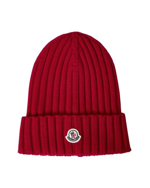 Moncler Red Wollgestrickte Logo Beanie Mütze