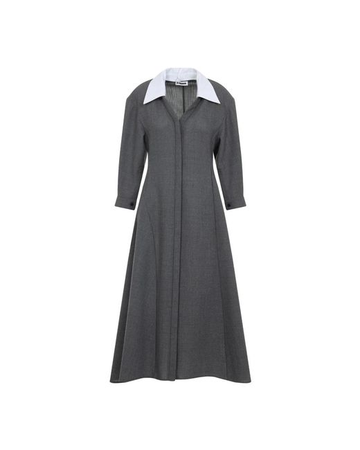 Jil Sander Gray Graues Woll Midi Kleid Mit Abnehmbarem Kragen