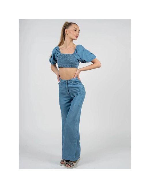 Patrizia Pepe Overhemden ,Blauw ,Leer Modieuze Crop Top Met Decoratieve Strik Op De Rug in het Blue