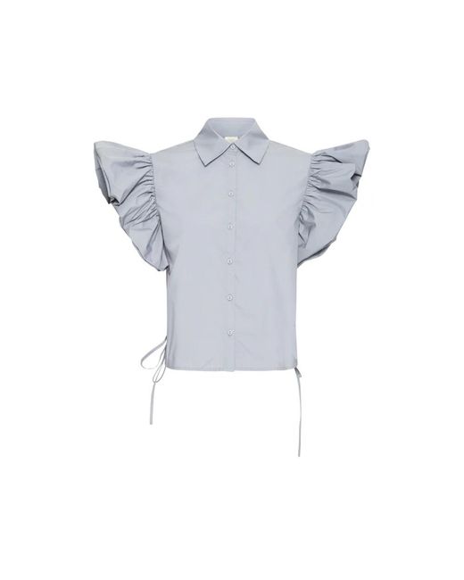 Ichi Overhemden ,Blauw ,Katoen Stijlvolle Blouse Met Brede Ruches in het Blue