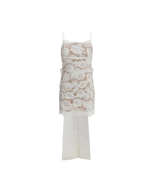 Self-Portrait White Short Satin Dress With Lace Bow