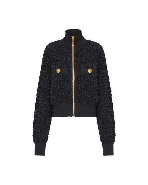 Balmain Hoodies & Sweatvesten ,Zwart ,Textured Zip-Up Bomberjack in het Black