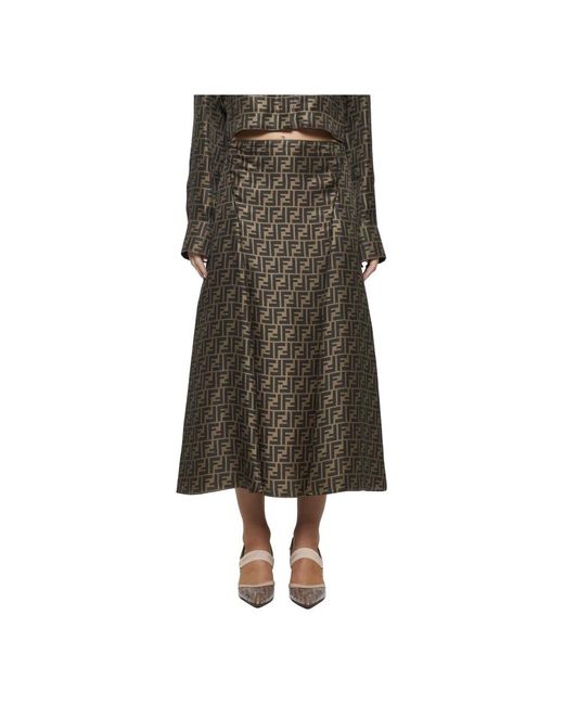 Fendi Rokken ,Bruin ,Zijden Maxi Rok Met Logomotief in het Green