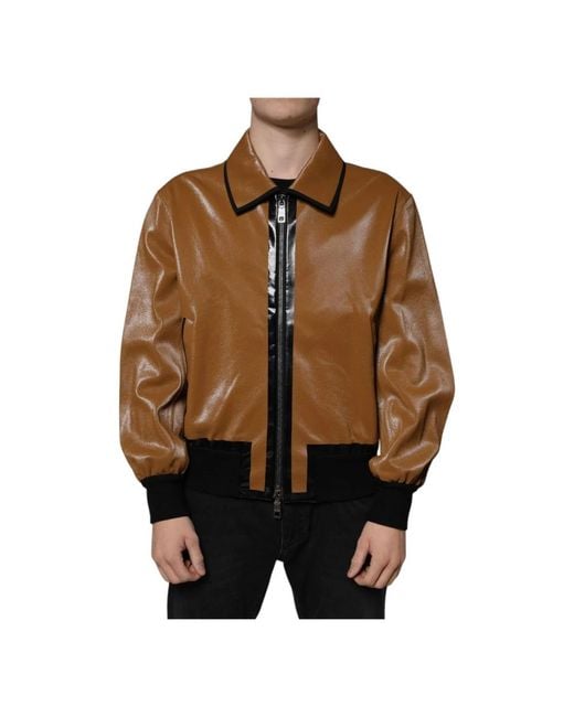 Dolce & Gabbana Jassen ,Bruin ,Bruin Leren Bomberjack Met Logo in het Brown voor heren