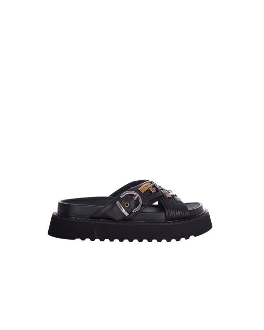Pinko Black Woven Eco-Leather Sandals With Metallic Accents