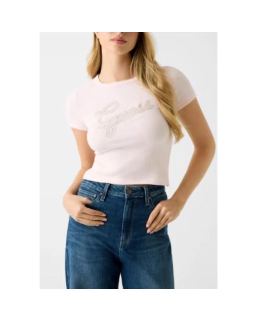 Guess Studs Script Tee in het Pink
