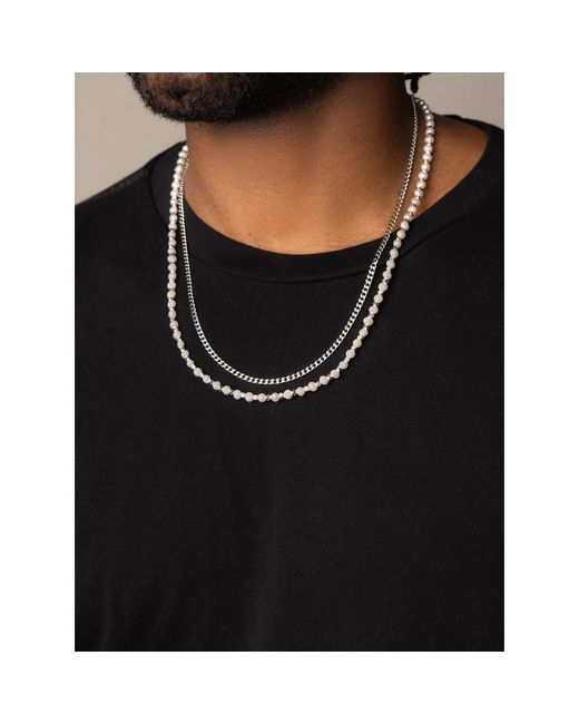 Nialaya Silver necklace layer with 3mm cuban link chain and pearl necklace in Metallic für Herren