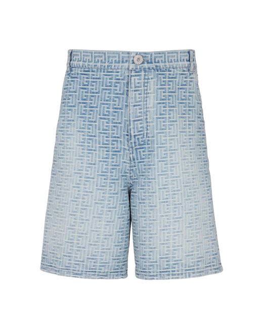 Balmain Blue Monogrammed Straight-cut Denim Shorts for men