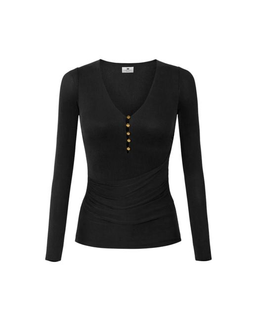 Elisabetta Franchi Black Geripptes Cupro-Top Mit Knöpfen