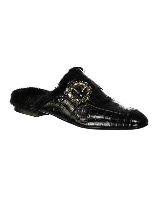 Eleventy Black Leather Fur Mules