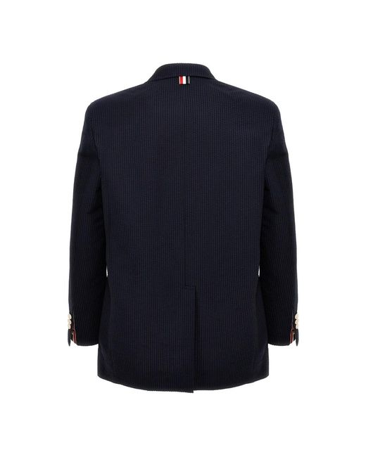 Thom Browne Jassen ,Blauw ,Wol Single-Breasted Seersucker Blazer in het Blue voor heren
