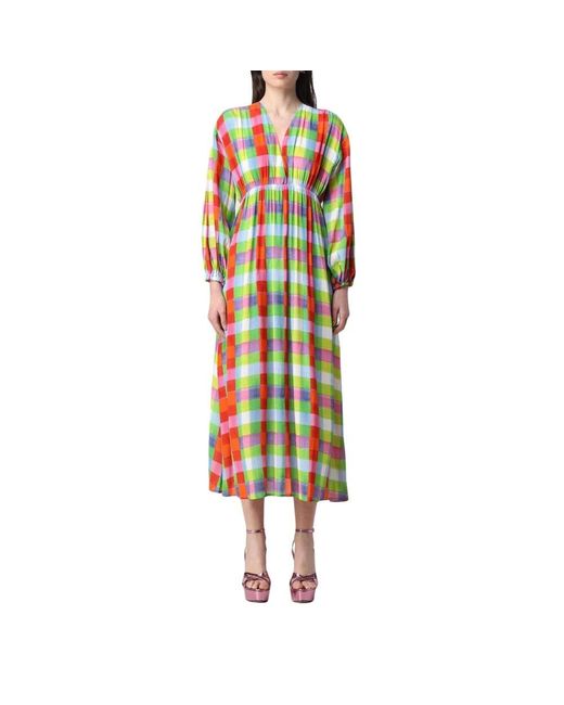 Semicouture Green Oranges V-Ausschnitt Midi-Kleid Mit Gingham-Muster