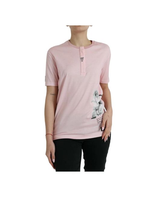 T-shirt in cotone rosa con fiori di Dolce & Gabbana in Pink