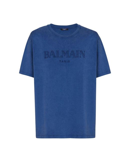Balmain Blue Cotton Logo T-Shirt for men