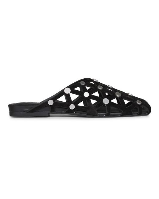 Ash Bone Square Toe Studded Open Weave Flat Mule in het Black