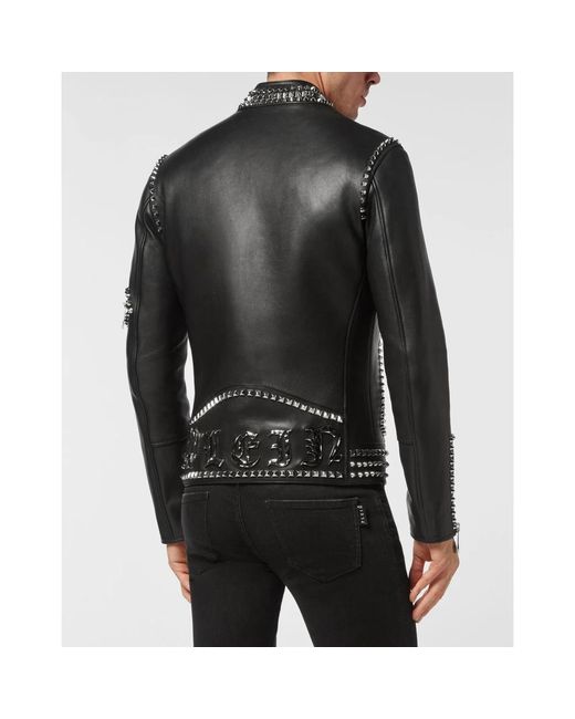 Philipp Plein Jassen ,Zwart ,Leer Leather Biker Studs in het Black voor heren